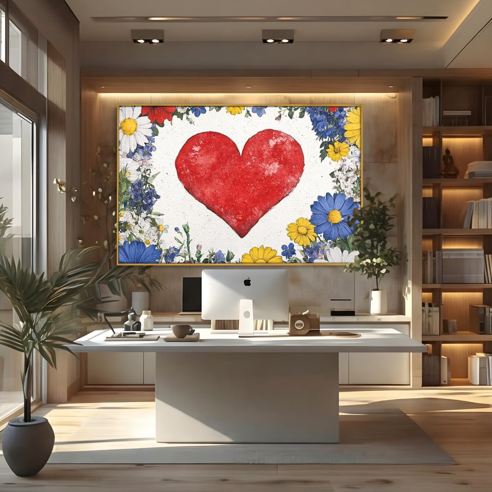 Tablou canvas cu tablou canvas cu inima rosie si flori, in rama de aluminiu auriu, pe perete intr-un birou